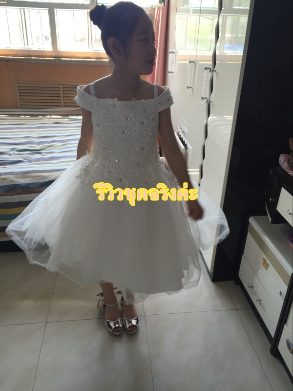Pre-order ชุดราตรีเด็ก ชุดออกงาน ชุดกระโปรง สไตล์เจ้าหญิง แบบไหล่ปาด ผ้าลูกไม้ แต่งเพชรช่วงอก กระโปรงตาข่าย มีซิปหลัง