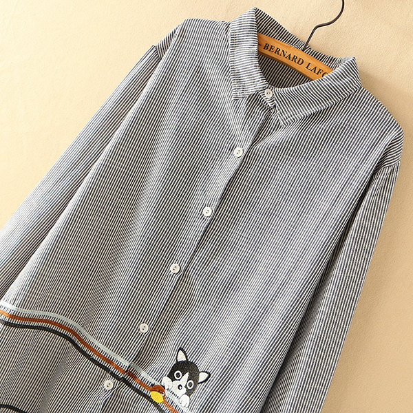 เดรสเชิ้ตแฟชั่นญี่ปุ่น แขนยาว แต่งปักลายน้องหมา (12289LM)