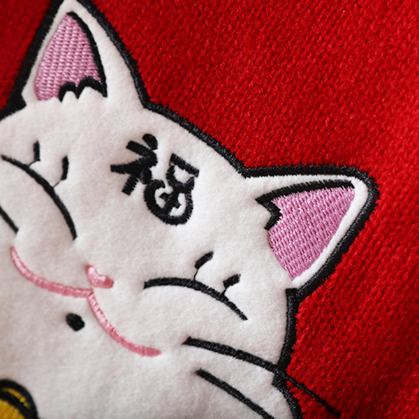 เสื้อไหมพรมคอเต่า แขนยาว ปักผ้ากำมะหยี่ลายแมว (12269B)