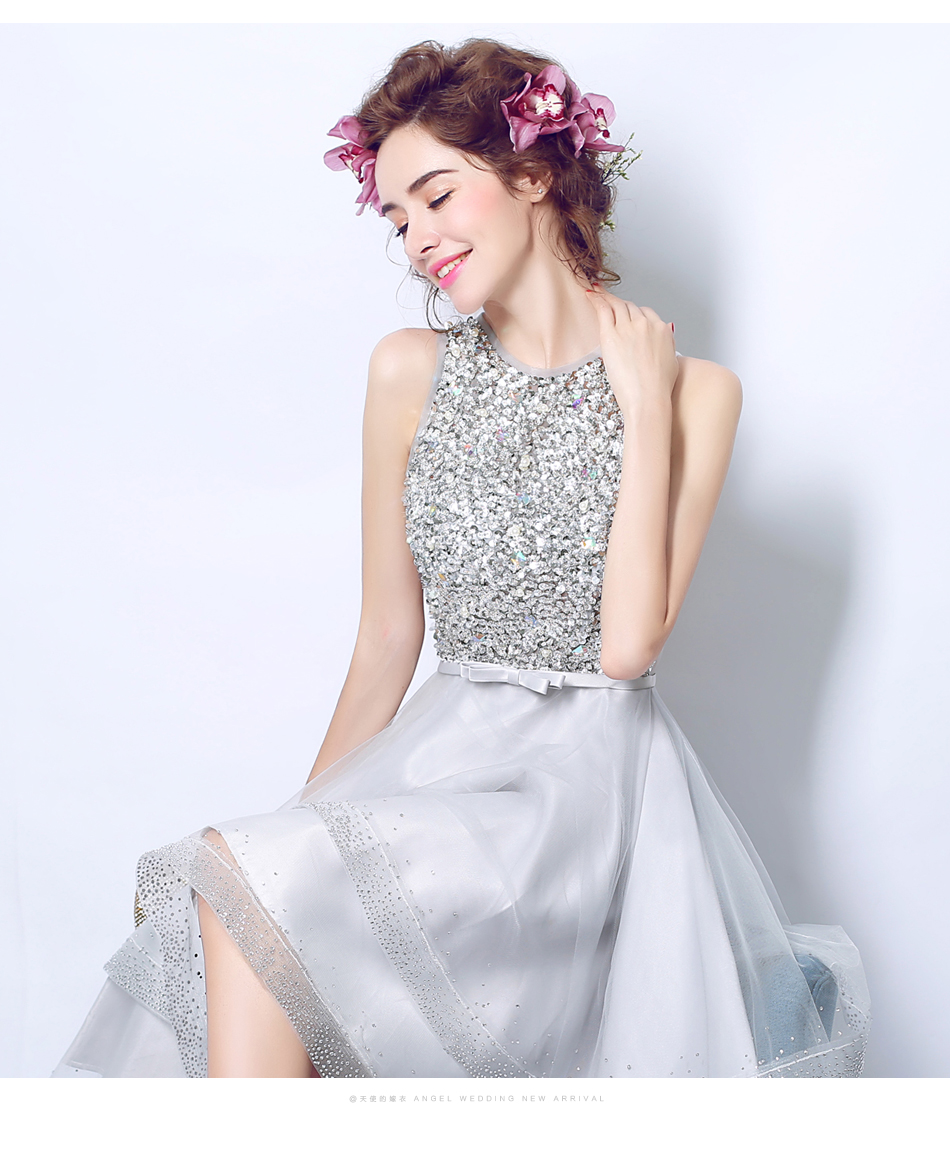 Pre-order ชุดแฟนซี ชุดเจ้าสาว ชุดราตรีสั้น สีเทาอ่อน แขนกุด ปักเลื่อมช่วงบน กระโปรงตาข่าย สวยหรู