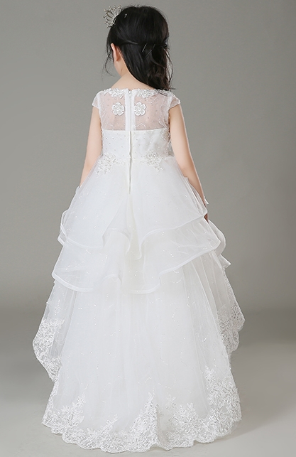 Pre-order ชุดราตรีเด็ก ชุดออกงาน ชุดกระโปรงสไตล์เจ้าหญิง แขนสั้น คอวี แต่งลูกไม้ กระโปรงผ้าแก้ว แต่งลูกไม้ชายกระโปรง ปล่อยชายด้านหลัง มีซิป