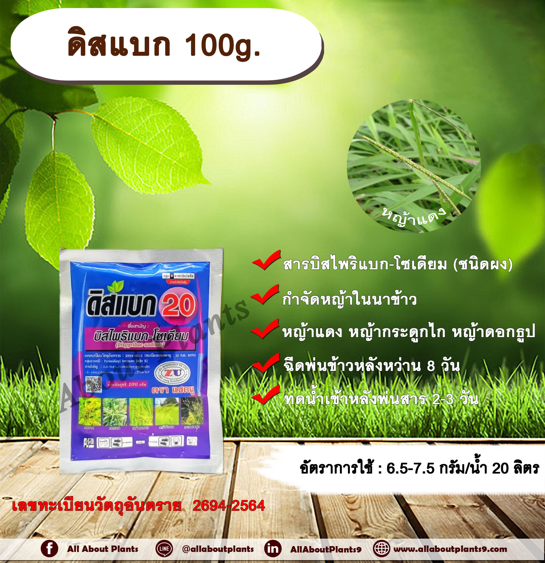 ดิสแบก 100g. บิสไพริแบกโซเดียม สารกำจัดวัชพืช กำจัดหญ้า ในนาข้าว กำจัดหญ้าแดง หญ้ากระดูกไก่ หญ้าดอกธูป หญ้าดอกต่อ หญ้าเดือย ซอง