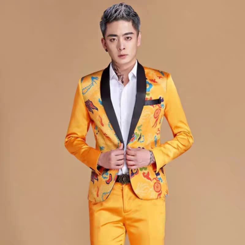 เช่า ชุดสูทชาย สไตล์จีน สีหลือง แต่งผ้าแพรลายมังกร ปกดำ