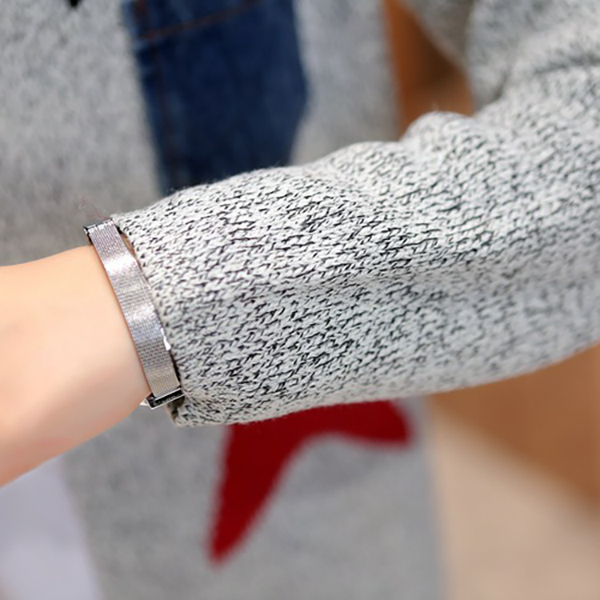 คาร์ดิแกนด์ไหมพรม คอปกยีนส์ แต่งถักลายดาว (12284JU)