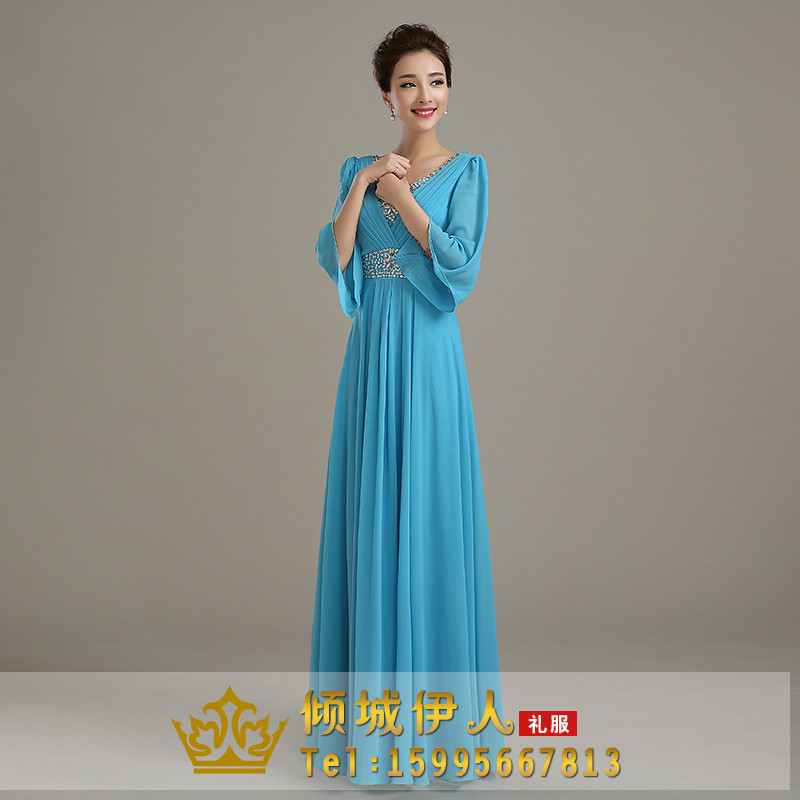 Pre-order ชุดราตรียาว แขนยาว ผ้าชีฟอง คอวี แต่งเลื่อม ซิปหลัง มีไซส์ใหญ่ S-5XL