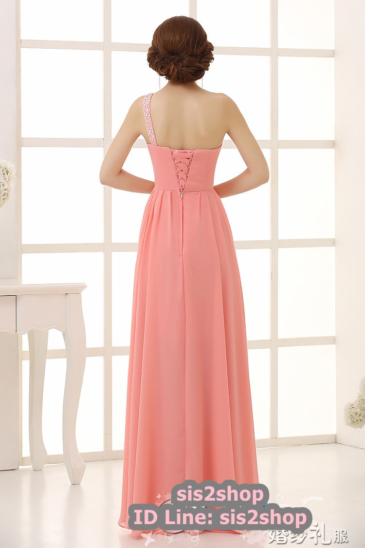 พร้อมส่ง ชุดราตรียาว ไหล่เดียว สีโอโรส ผ้าชีฟอง แต่งเลื่อม+มุก ช่วงเนินอกและเอว