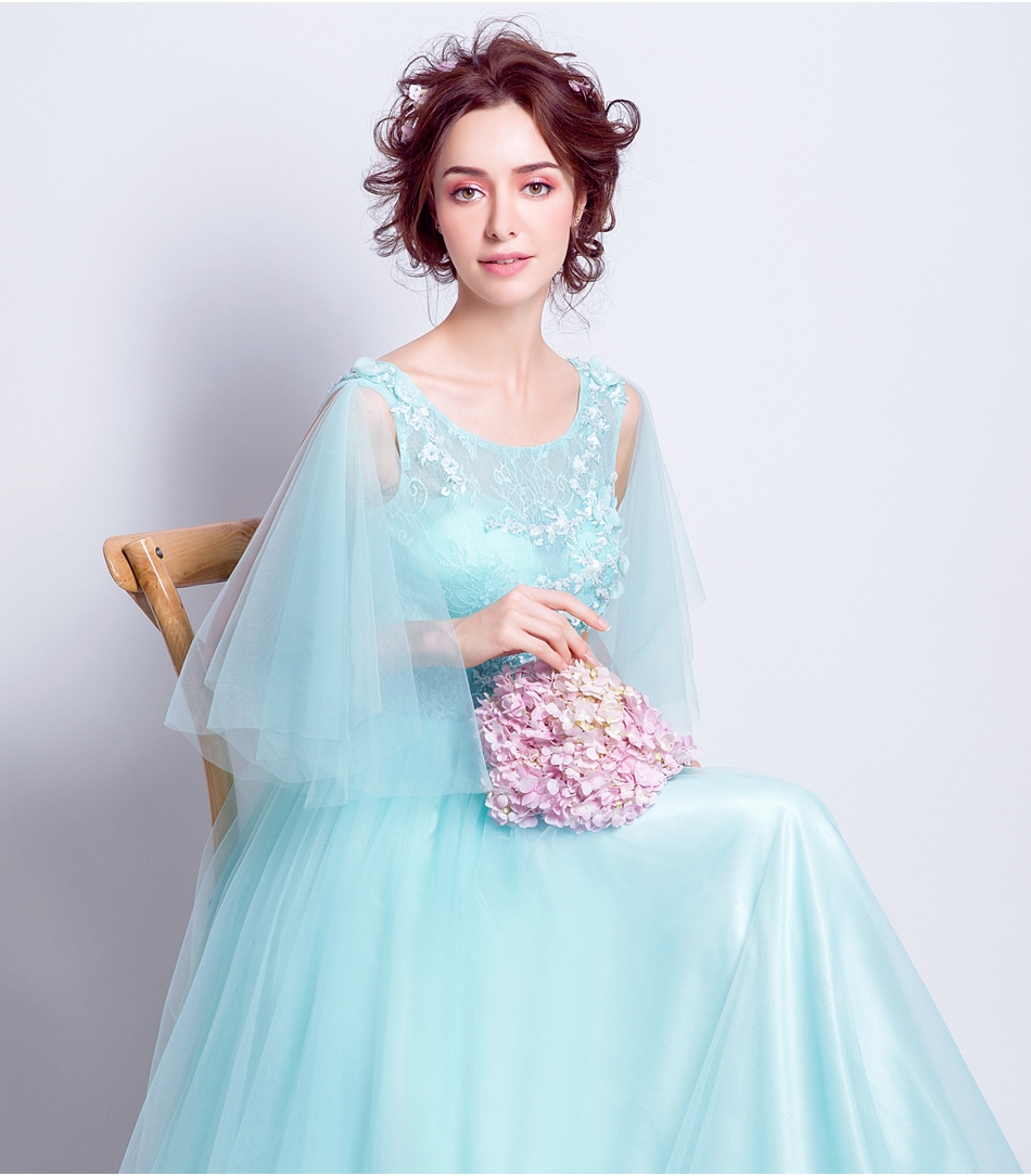 Pre-order ชุดแฟนซี ชุดเจ้าสาว ชุดราตรียาว สีฟ้าทะเล แขนแต่งระบาย แต่งดอกไม้ ปักเลื่อมช่วงอก กระโปรงตาข่าย เชือกผูกหลัง