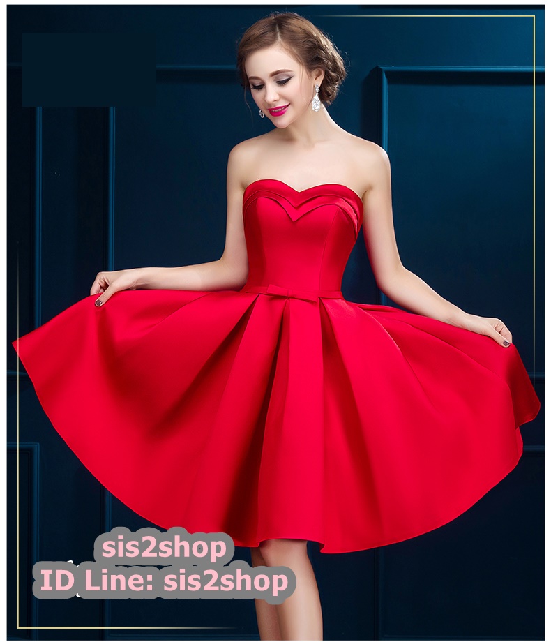 พร้อมส่ง ชุดราตรีสั้น เกาะอกแบบ Sweet Heart สไตล์วินเทจผ้าไหมดัชเชส กระโปรงทรงA แต่งโบว์ช่วงเอว สีแดง (เชือกผูกหลัง)