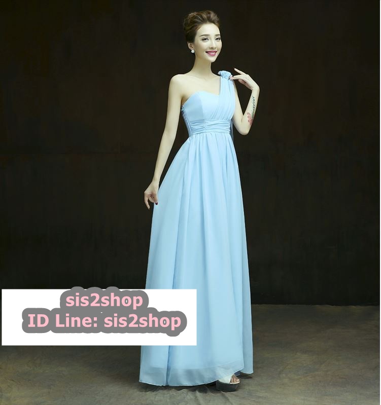 พร้อมส่ง ชุดเดรสยาว เกาะอก ไหล่เดียว จับสม๊อกด้านหลัง สีฟ้า