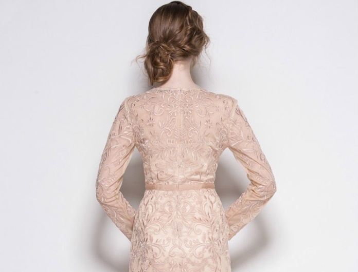 พร้อมส่ง ชุดเดรส/ชุดออกงาน แขนยาว ดีไซน์ผ้าลูกไม้ทั้งชุด พร้อมซับใน สี Apricot (ซิปหลัง) ** เหลือเฉพาะไซส์ 2XL