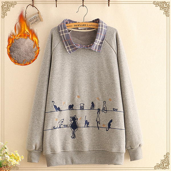 เสื้อสเวตเตอร์กันหนาวแฟชั่นญี่ปุ่น ผ้าซับกำมะหยี่ปักลายแมว (12362LM)