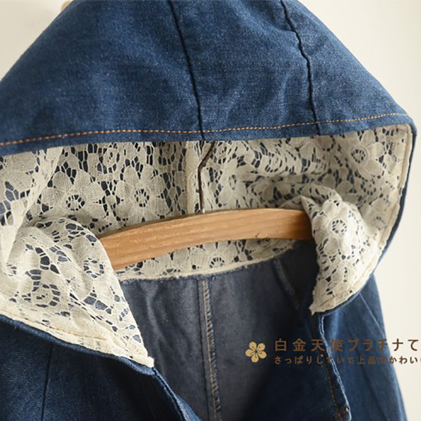 เสื้อแจ็คเก็ตยีนส์กันหนาว มีฮู้ดแต่งผ้าลูกไม้วินเทจ (11826LM)