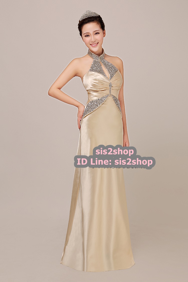 พร้อมส่ง ชุดราตรียาว คล้องคอ สีครีม Champagne ปักเลื่อมเน้นช่วงเอว และปกคอจีน