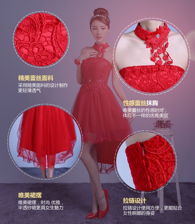 พร้อมส่ง ชุดราตรีสั้น เพื่อนเจ้าสาว สีแดง กระโปรงตาข่ายแบบเกาะอก หน้าสั้นหลังยาว พร้อมสร้อยคอลายลูกไม้ ถอดแยกได้ ซิปข้างลำตัว (จับสม๊อกด้านหลัง) **เหลือเฉพาะไซส์ใหญ่**