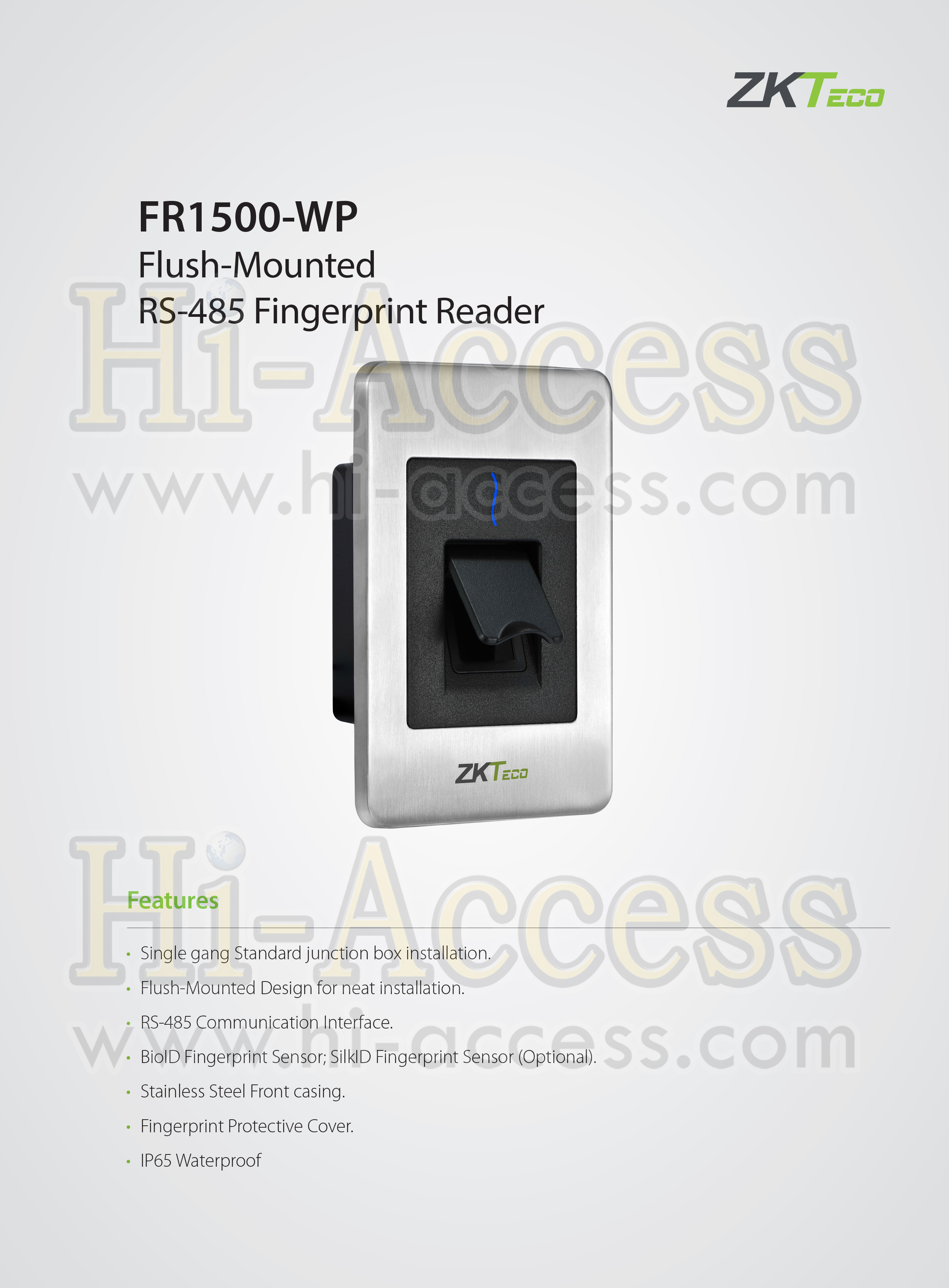 หัวอ่านลายนิ้วมือ ยี่ห้อ ZKTeco รุ่น FR1500-WP/ID สำหรับระบบ Access Control