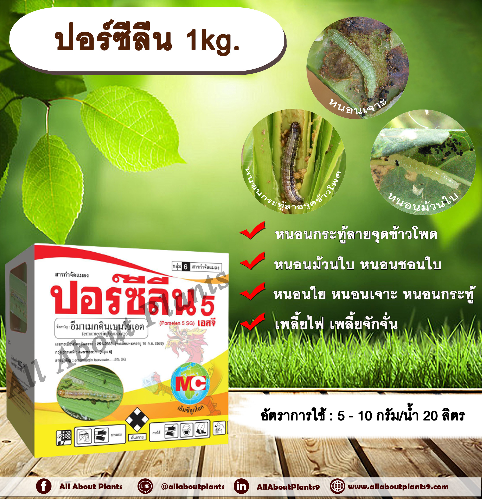 ปอร์ซีลีน 1kg. อีมาเมกตินเบนโซเอต สารกำจัดแมลง สารกำจัดหนอน หนอนกระทู้ลายจุดข้าวโพด หนอนม้วนใบ หนอนชอนใบ หนอนเจาะ หนอนกระทู้ เพลี้ยไฟ เพลี้ยจักจั่น allaboutplants ชิ้น