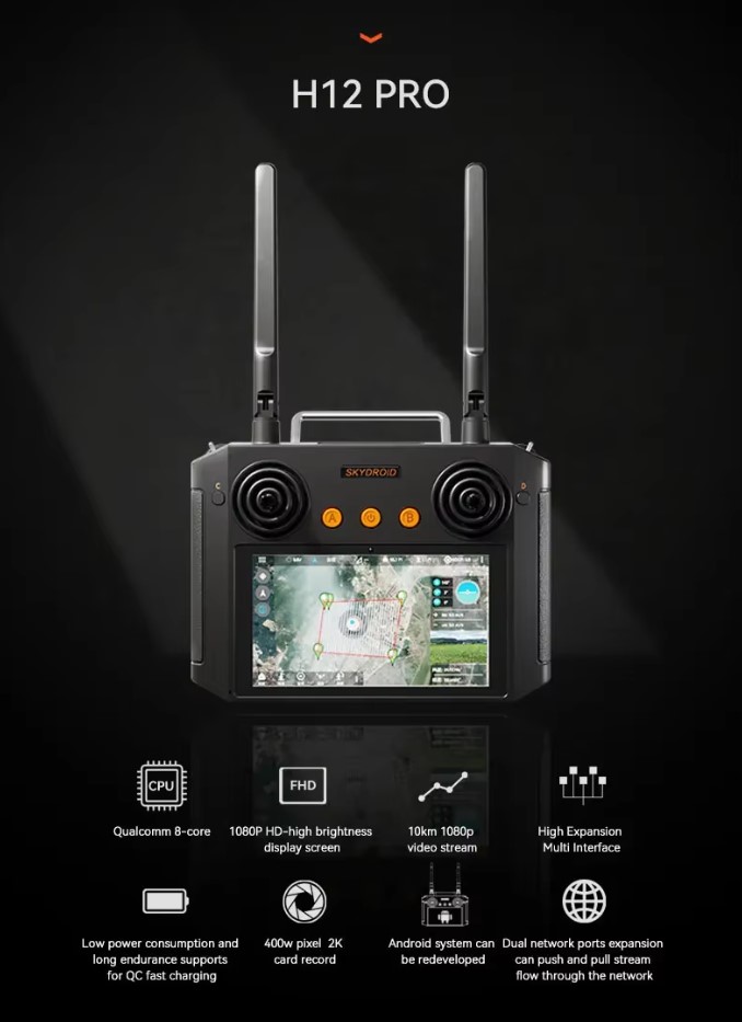 รีโมทจอสัมผัส พร้อม Ground Station ในตัว Skydroid H12Pro พร้อมรีซีฟ R12Pro และกล้องC10Pro กิมบอลกันสั่น3แกนในตัว บันทึก VDO 2K และภาพได้ สตรีมVDOสดผ่าน RTSP Ethernet port ได้