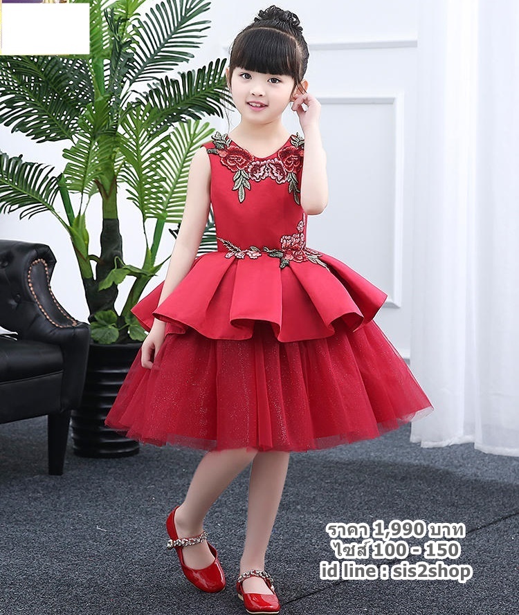 Pre-order ชุดราตรีสั้น ชุดออกงาน สีแดง แขนกุด แต่งระบายเป็นชั้น ๆ ซิปหลัง