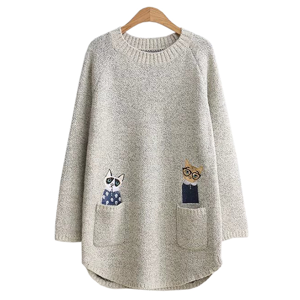 เสื้อไหมพรมวูลหนานุ่มตัวยาว แต่งกระเป๋าคู่ปักลายแมวน่ารัก (12348LM)