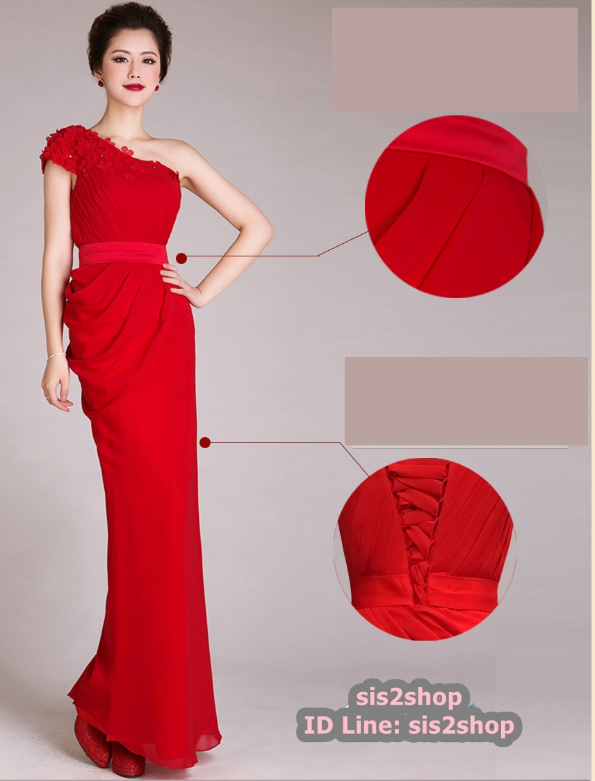 พร้อมส่ง ชุดราตรียาว ไหล่เฉียง ทรงเข้ารูปผ้าชีฟองนิ่มใส่สบายกระโปรงจับจีบย้วย ไหล่แต่งดอก สีแดง