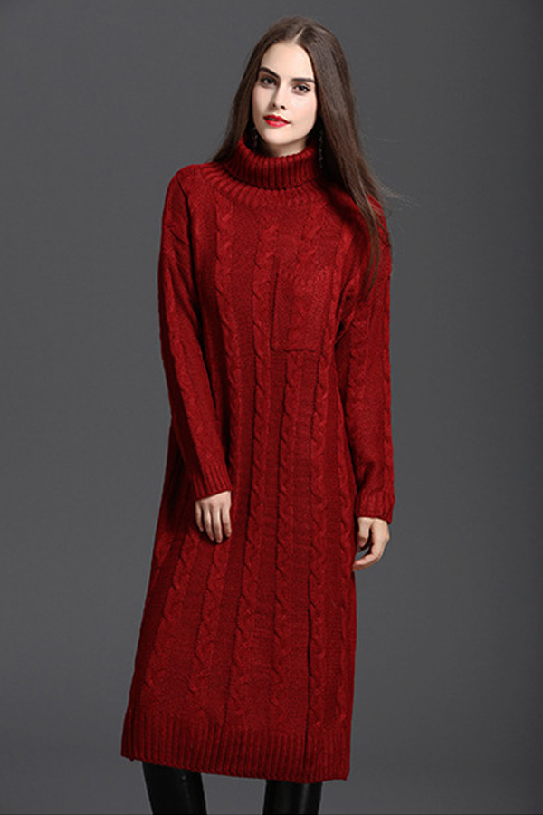 เดรสคอเต่าตัวยาว ไหมพรมหนานุ่มถักลาย (11782B)