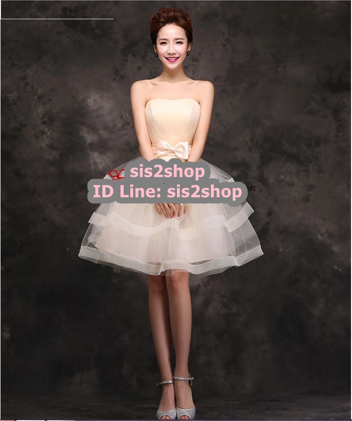 พร้อมเช่า ชุดแฟนซีสั้น เกาะอก กระโปรงระบาย 3 ชั้น แต่งโบว์ช่วงเอว สีครีม Champagne สวยหวาน (ด้านหลังเป็นเชือกผูก)