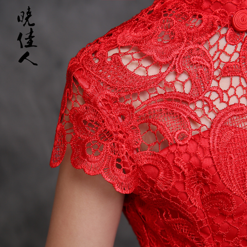 Pre-Order ชุดราตรีเด็ก ลูกไม้สีแดง คอจีน เข้ารูป