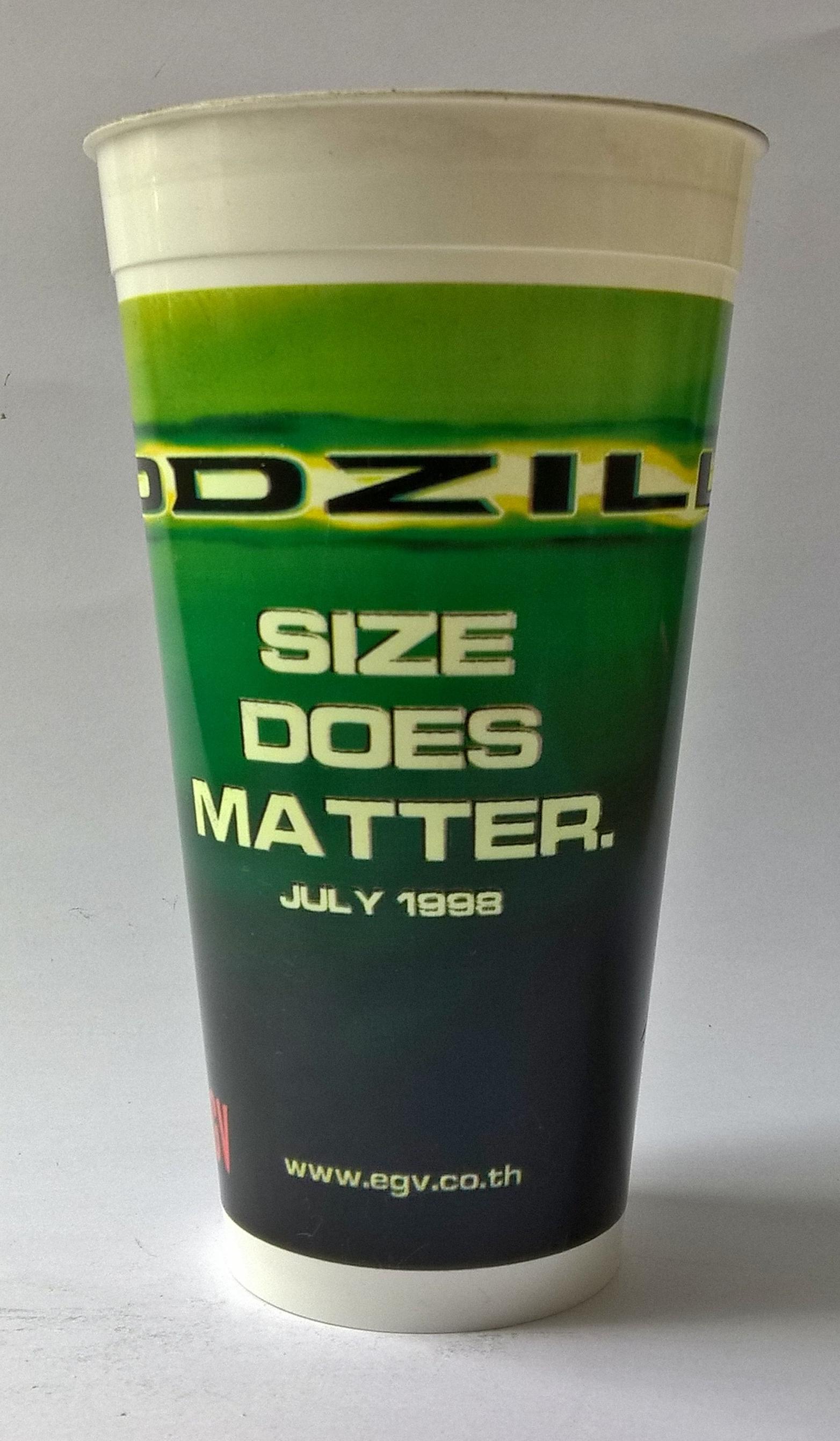 แก้วน้ำพลาสติกงานเก่า จากภาพยนต์เรื่องก๊อดซิลล่า SIZE DOES MATTER, GODZILLA JULY 1998 ของสะสมจาก EGV ของเก่า โปรดตรวจสอบทุกภาพ
