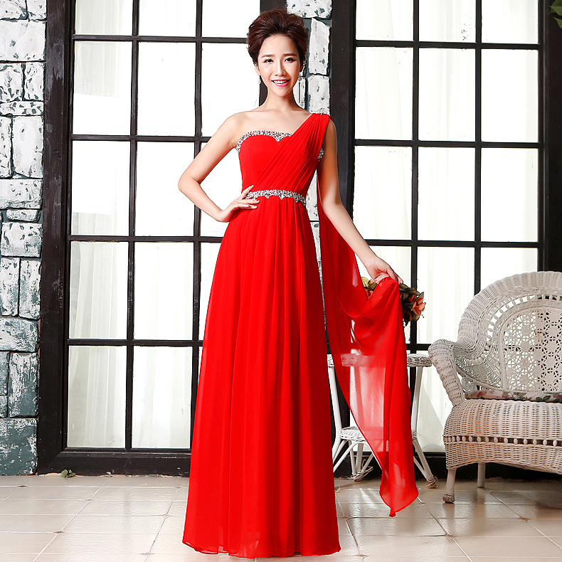 Pro-order ชุดราตรียาว เกาะอก ไหล่เดียว ผ้าชีฟอง ปักเลื่อม แต่งเพชร มีซิปหลัง