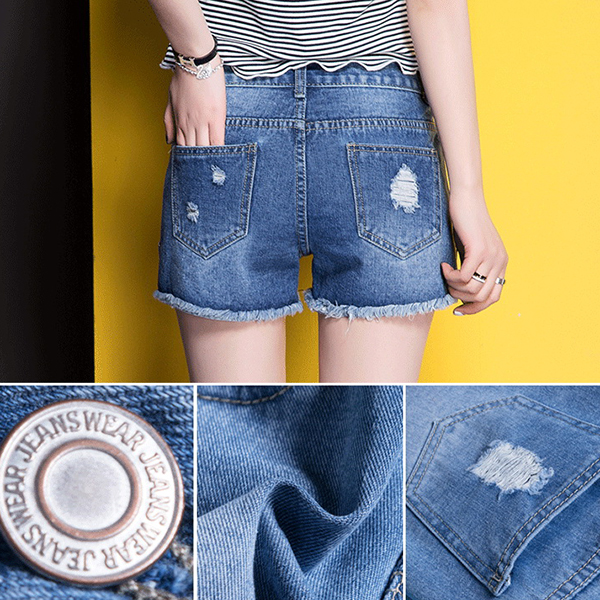 กางเกงยีนส์ขาสั้นแนวเซอร์ แต่งแถบอักษรด้านข้าง (11788X)