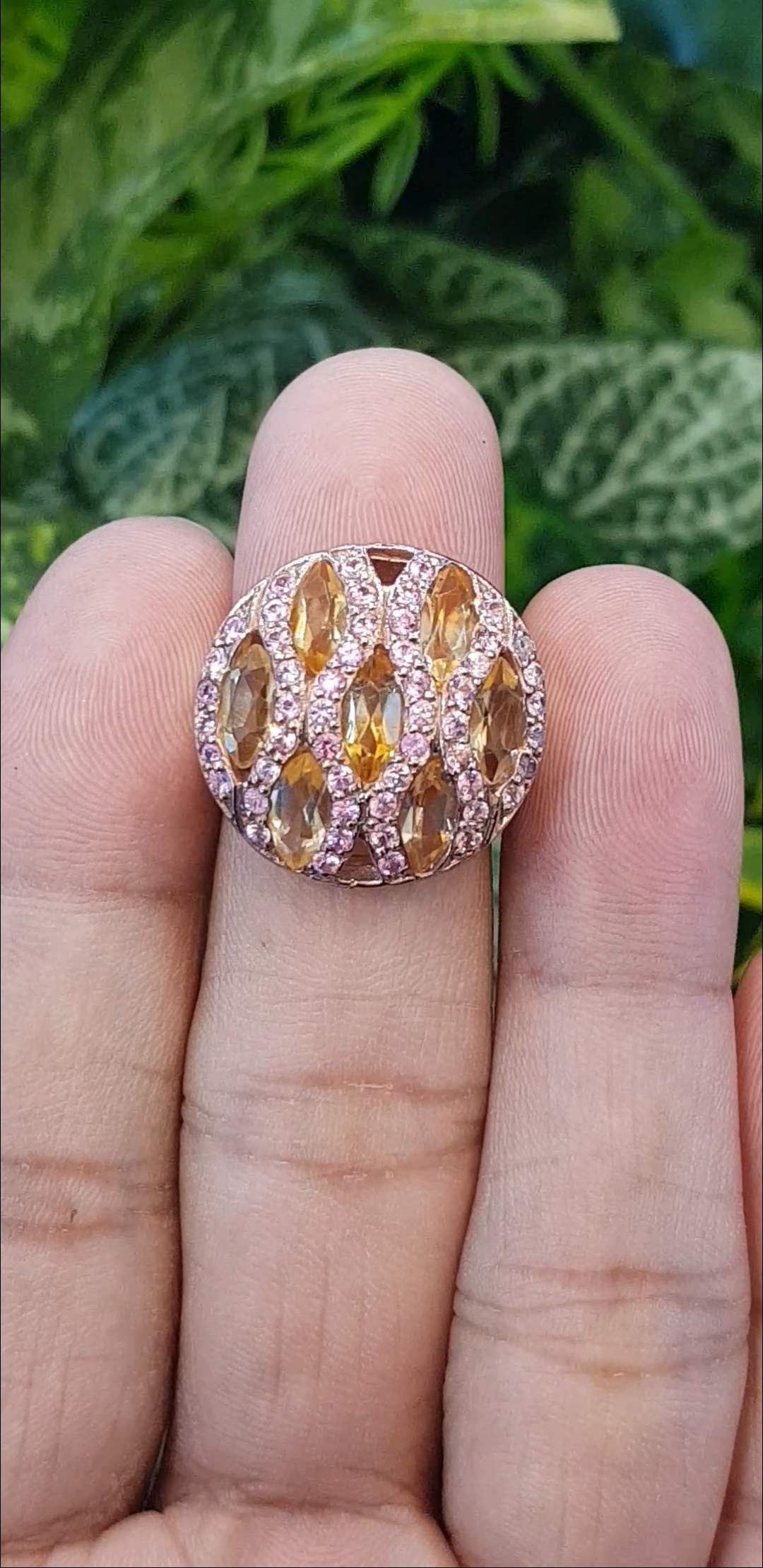 แหวน พลอยซิทรีน Citrine Silver Ring (Size) 55 ตัวเรือนเงิน ชุบทอง ประดับด้วยพิ้งแซฟไฟร์ เพชร CZ คัดคุณภาพ