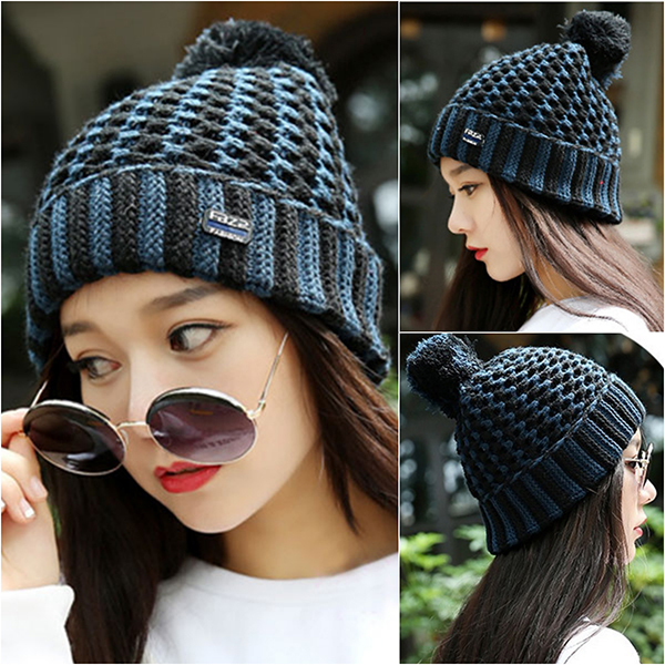 หมวกไหมพรมกันหนาวซับผ้าสำลีหนานุ่ม แต่งปอมใหญ่ (11433L)