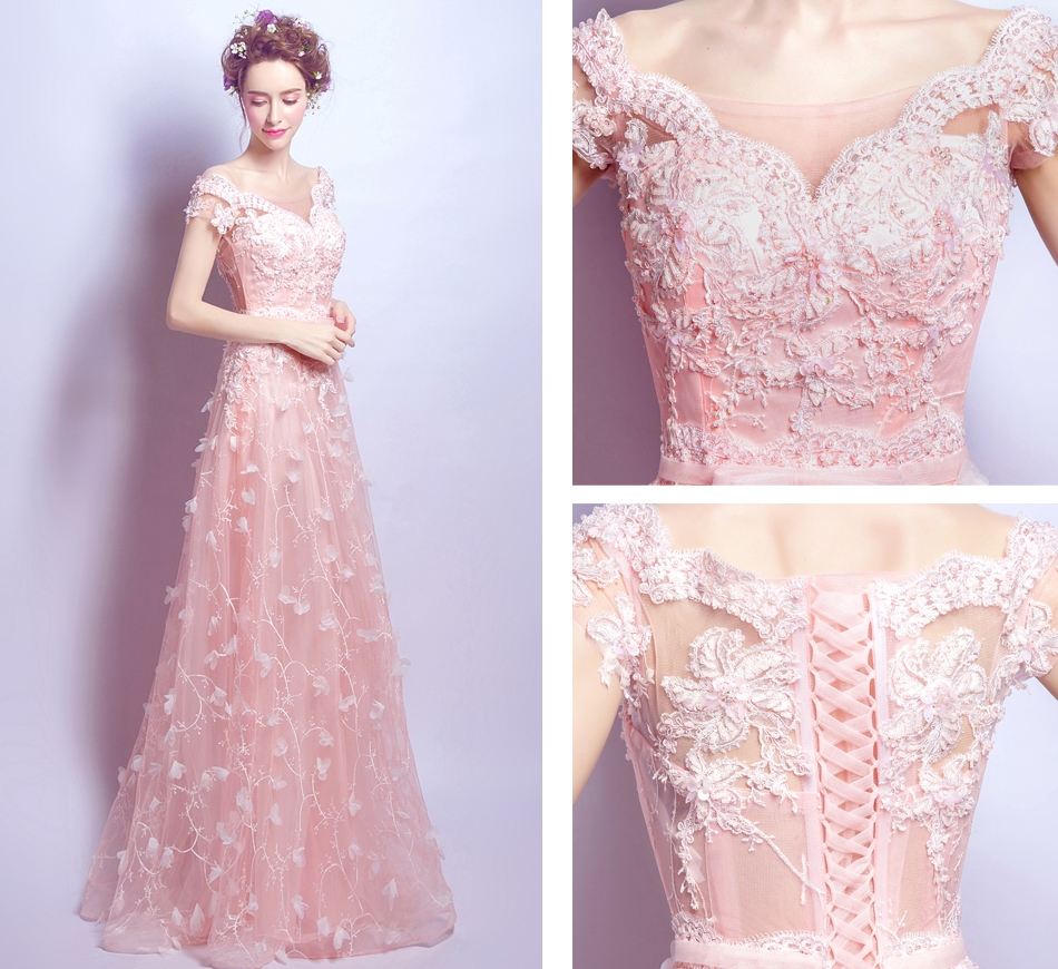 Pre-order ชุดแฟนซี ชุดเจ้าสาว ชุดราตรี สีชมพูโอรส แขนกุด ผ้าลูกไม้ เชือกผูกหลัง