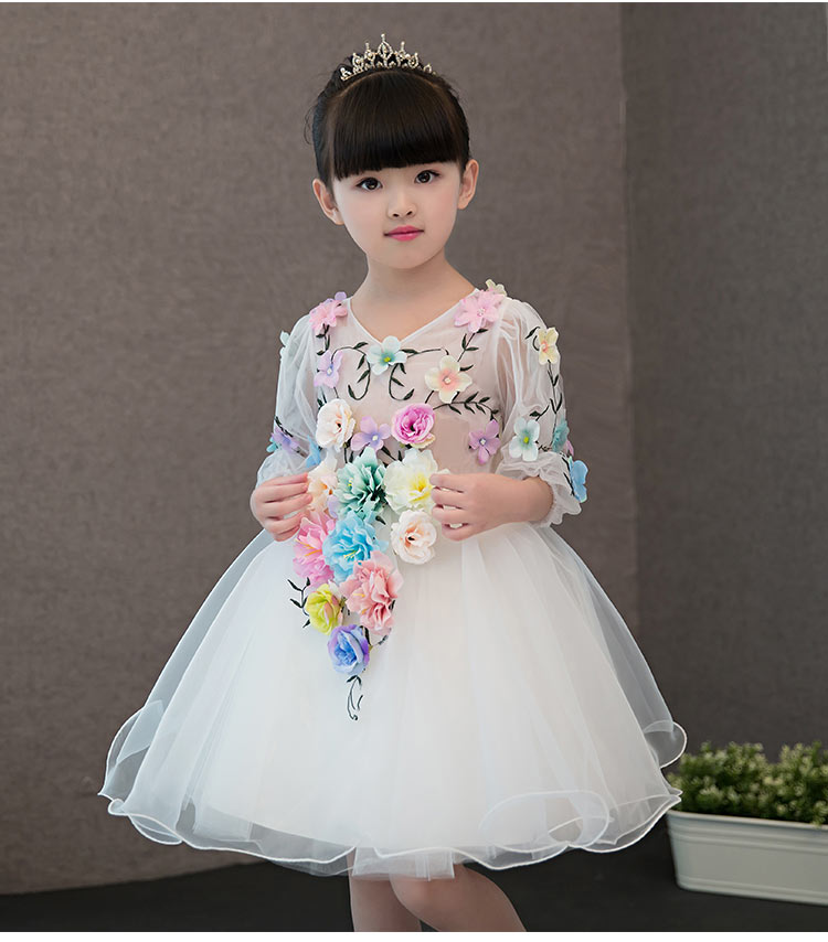 Pre-order ชุดแฟนซี ชุดกระโปรง แขนยาว แต่งดอกไม้สามมิติหลากสี กระโปรงผ้าแก้ว ซิปหลัง