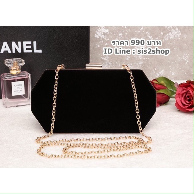 พร้อมส่ง Evening Clutch กระเป๋าออกงาน ทรงเหลี่ยมผ้ากำมะหยี่ พร้อมสายโซ่สะพายยาว