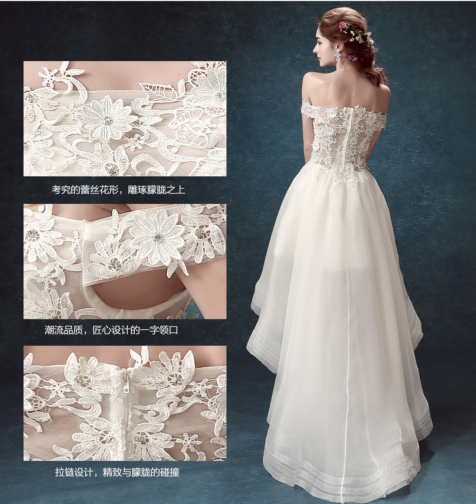 Pre-order ชุดแฟนซี ชุดเจ้าสาว ชุดราตรี สีขาว ปาดไหล่ แต่งดอกไม้ ปักเลื่อม หน้าสั้นหลังยาว เชือกผูกหลัง