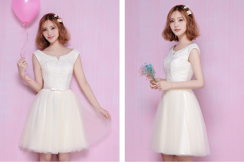 Pre-order ชุดราตรีสั้น แขนกุด ผ้าลูกไม้ กระโปรงตาข่าย คาดเอวด้วยโบว์ เชือกผูกหลัง