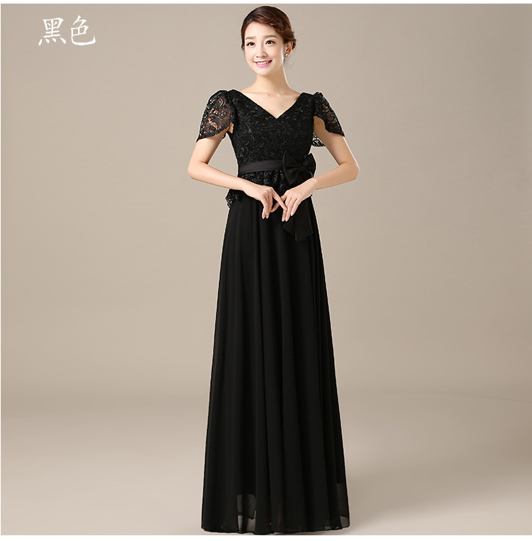 Pre-order ชุดราตรียาว แขนสั้น คอวี ผ้าลูกไม้ แต่งโบว์คาดเอว กระโปรงชีฟอง ซิปหลัง มีไซส์ใหญ่