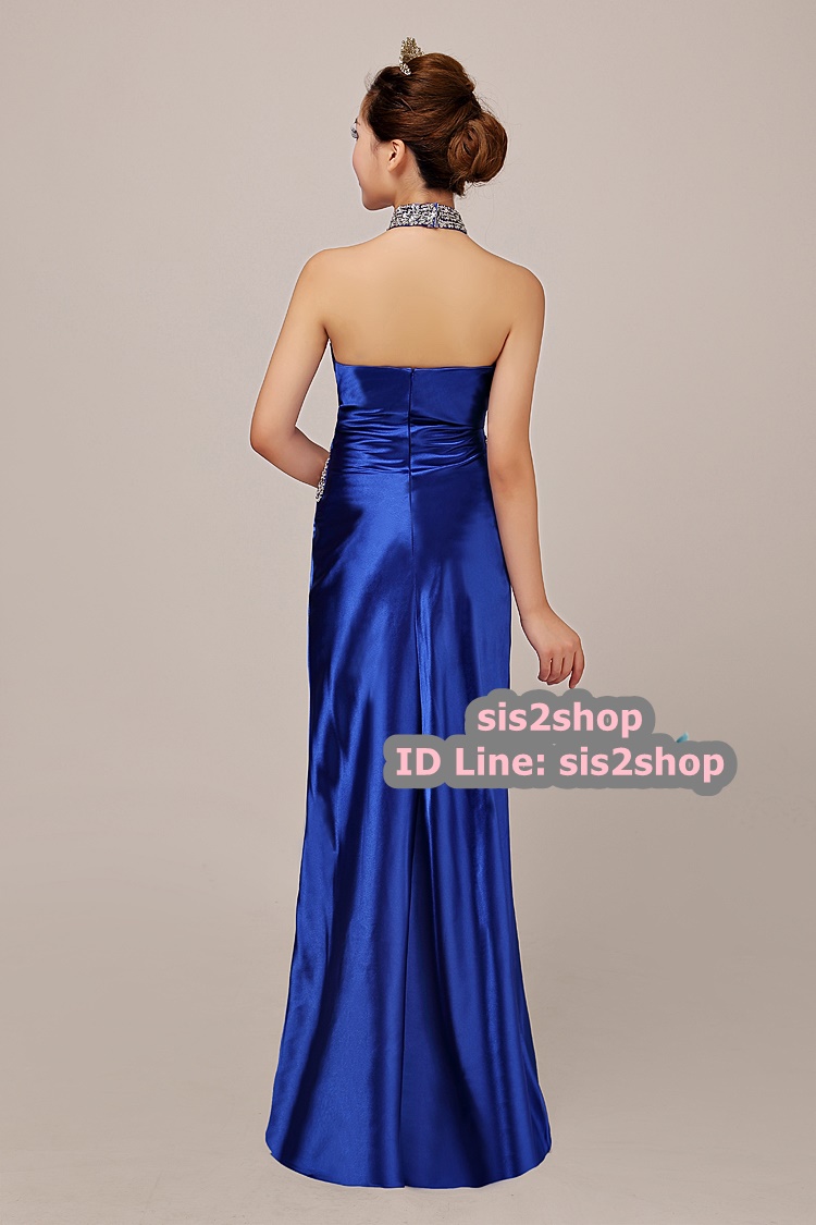 พร้อมส่ง ชุดราตรียาว คล้องคอ สีครีม Champagne ปักเลื่อมเน้นช่วงเอว และปกคอจีน