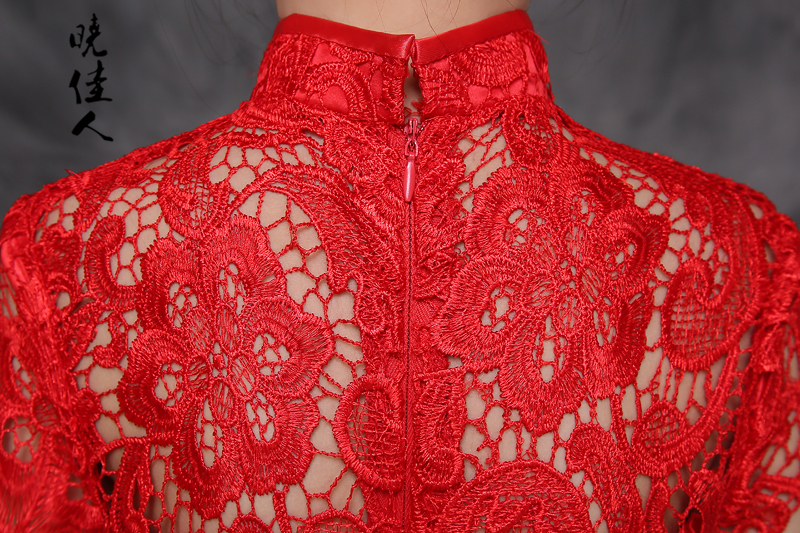 Pre-Order ชุดราตรีเด็ก ลูกไม้สีแดง คอจีน เข้ารูป