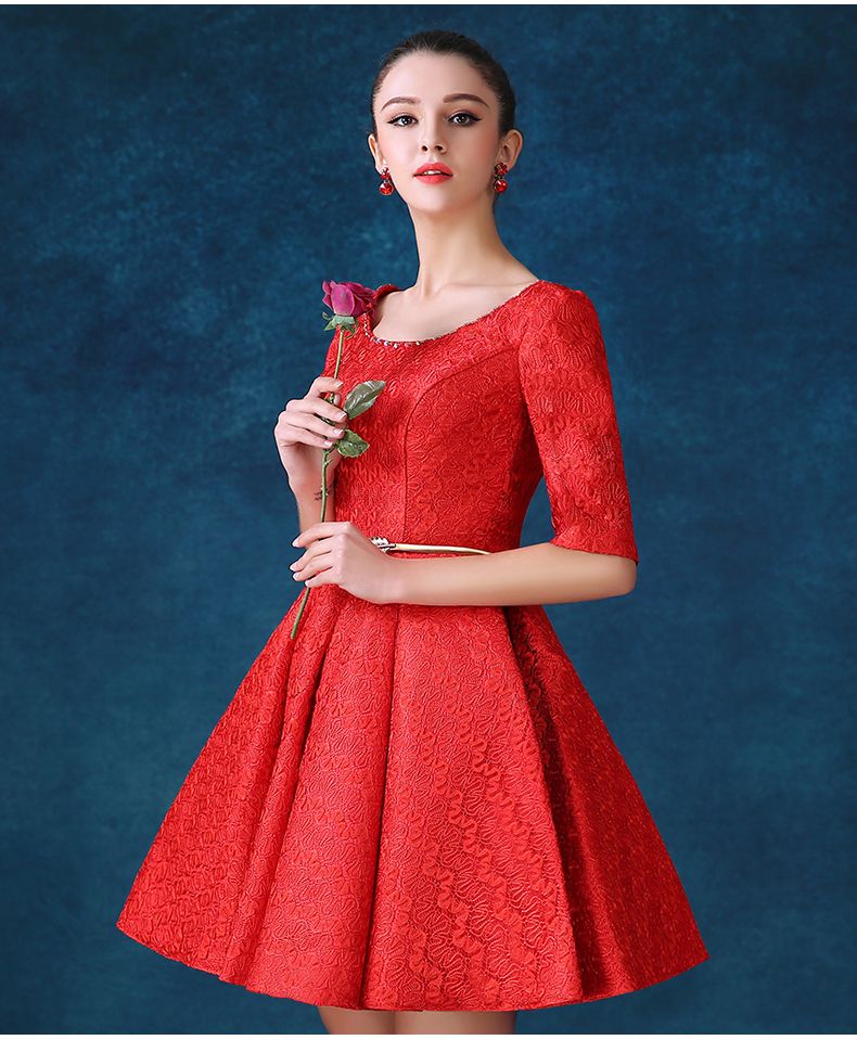 Pre-order ชุดราตรีสั้น ชุดเพื่อนเจ้าสาว สีชมพู สีแดง แขนกุด แต่งตัวชุดด้วยลูกไม้ ปักเลื่อม สวยหวาน เชือกผูกหลัง