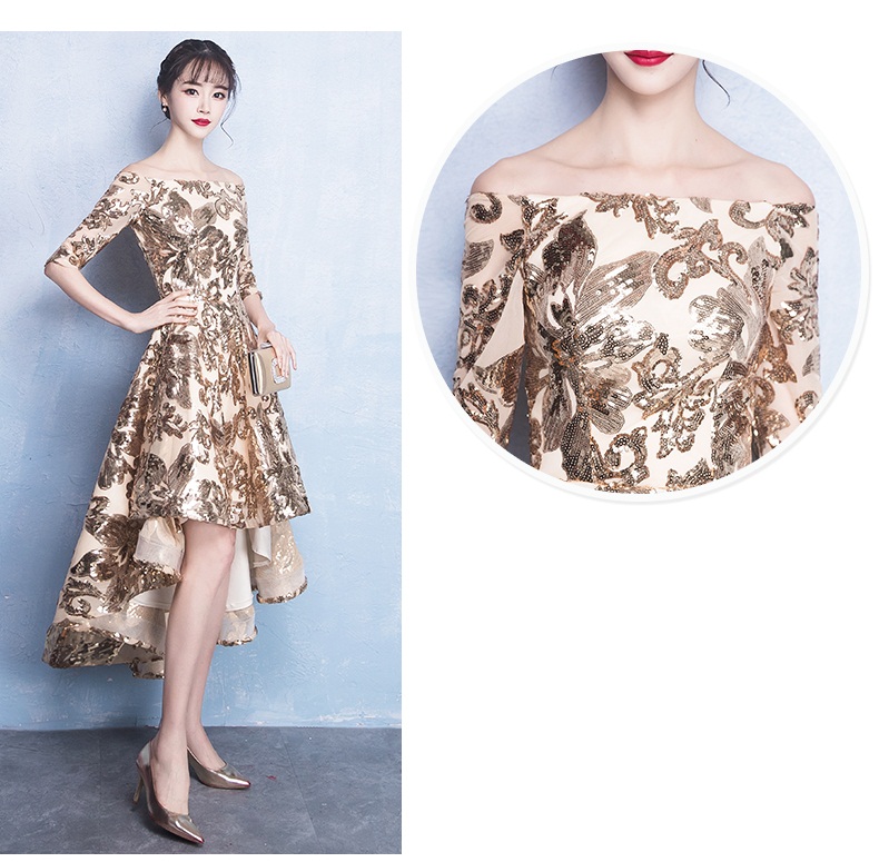 Pre-order ชุดราตรีหน้าสั้นหลังยาวสีทองปักเลื่อมลายดอกไม้ ไหล่ปาดแขนยาว เชือกผูกหลัง