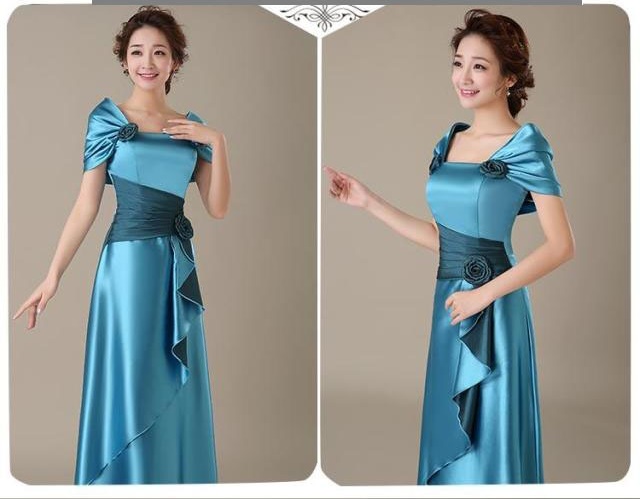 พร้อมส่ง ชุดราตรียาว สีฟ้าน้ำทะเล ปิดไหล่ แต่งดอกกุหลาบจับจีบสวย ผ้าซาติน (L-5XL)