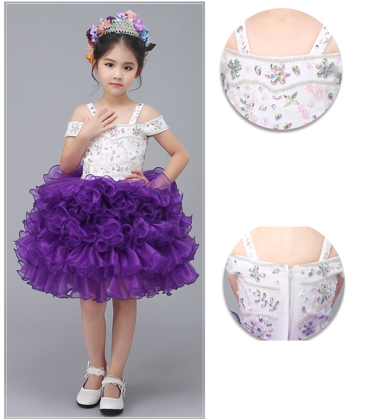 Pre-order ชุดแฟนซี ชุดแสดง ชุดกระโปรง แบบไหล่ปาด แต่งเพชร กระโปรงผ้าแก้วเป็นชั้นๆ