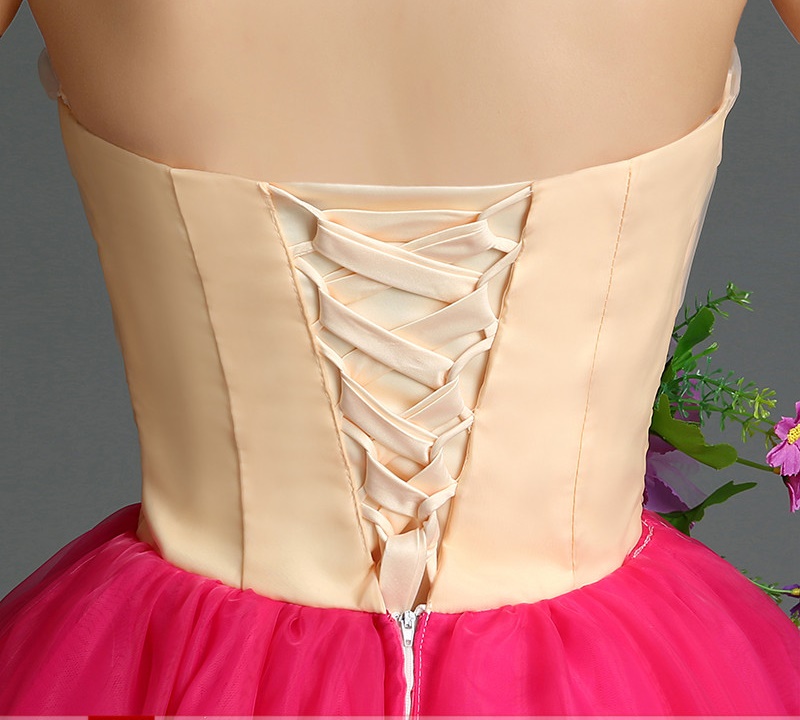 Pre-orderชุดแฟนซีชุดราตรีสั้นเกาะอก แต่งดอกไม้สามมิติ กระโปรงพองสวย