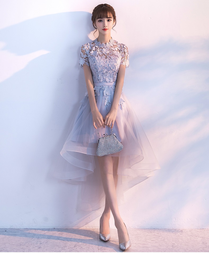 Pre-order ชุดราตรีหน้าสั้นหลังยาว แขนสั้น แต่งผ้าลูกไม้ กระโปรงตาข่าย เรียบหรู (ซิปหลัง)