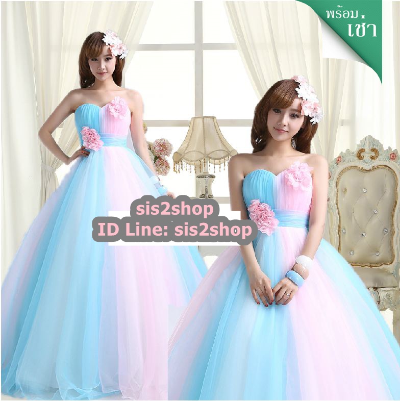 พร้อมเช่า ชุดแฟนซี ชุดราตรียาว สีฟ้า ชมพู สวยหวาน ผ้าโปร่งแต่งดอกไม้