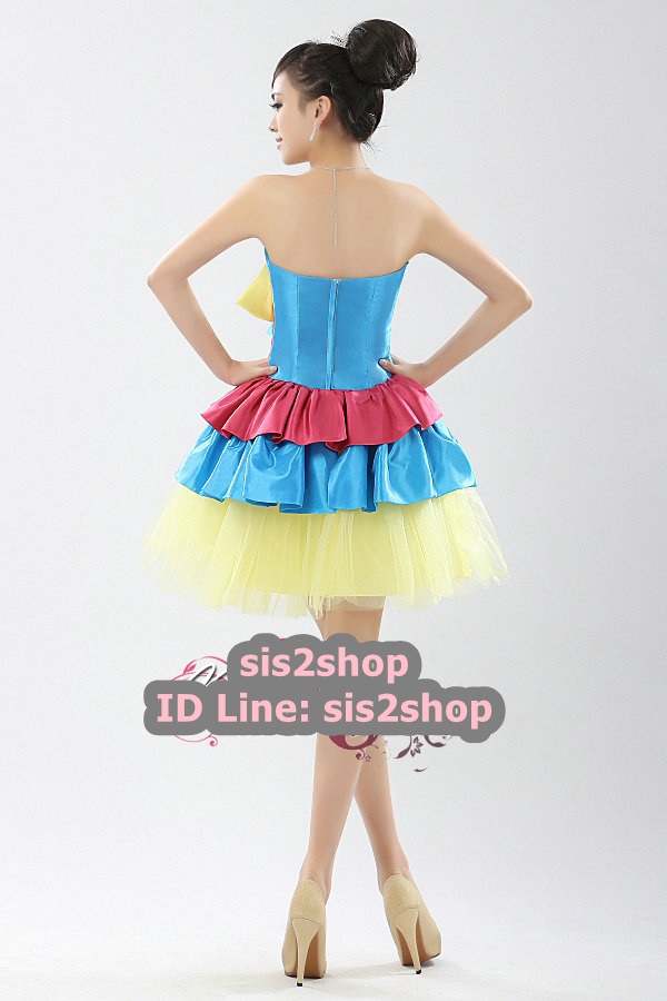 พร้อมเช่า ชุดแฟนซี ชุดราตรีสั้น กระโปรงระบาย สีหวาน แต่งดอกไม้และโบว์ที่เอว