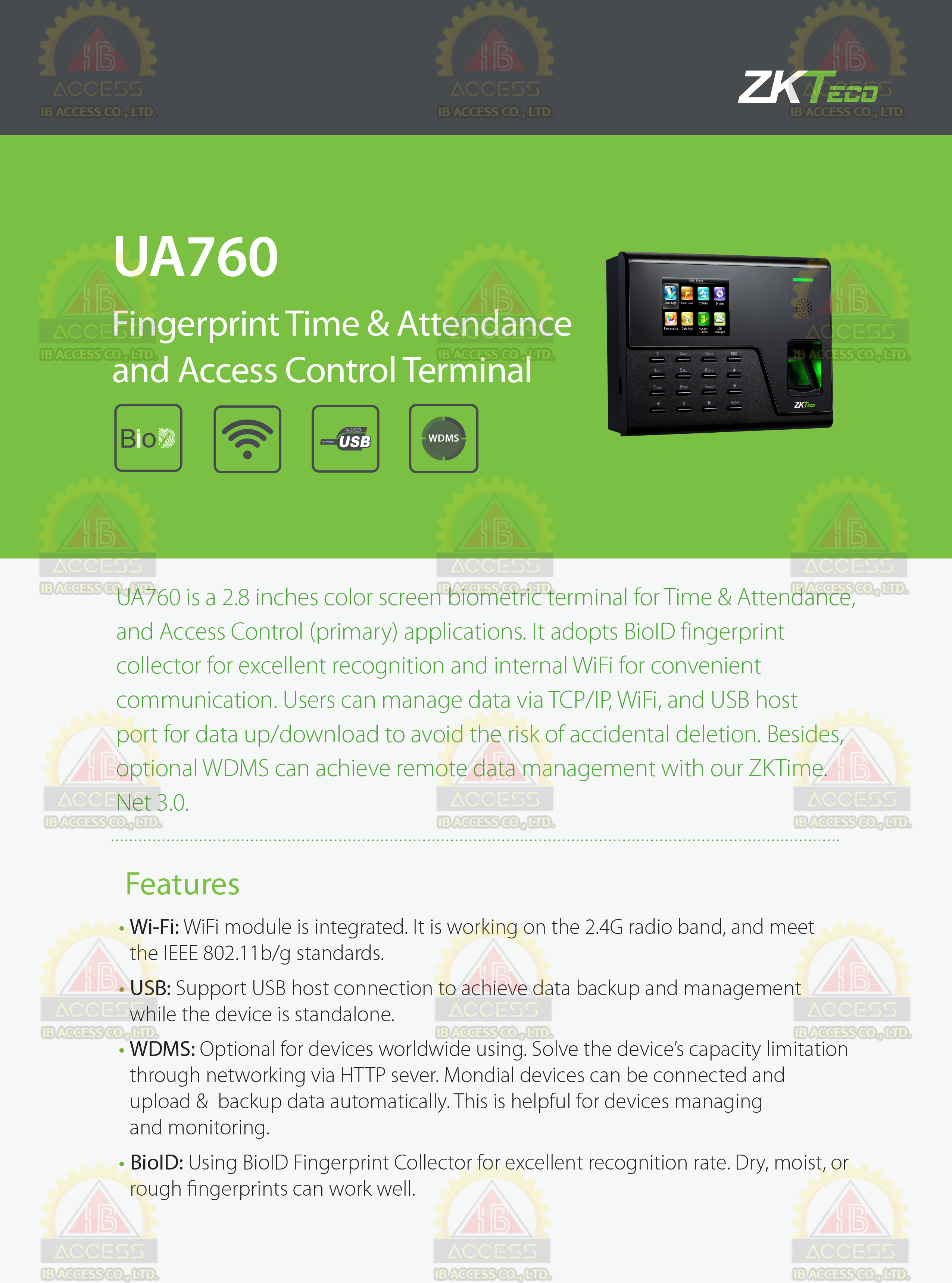 เครื่องสแกนลายนิ้วมือ ยี่ห้อ ZKTeco รุ่น UA760 รองรับระบบ Access Control