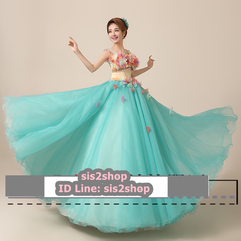 พร้อมเช่า ชุดแฟนซี ชุดราตรียาว แขนกุด แต่งระบายช่วงอก กระโปรงพองสวย ซิปหลัง